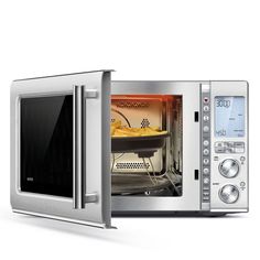 a microwave oven with an open door and food cooking in the inside, on a white background