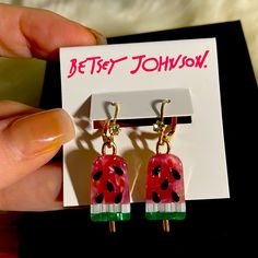 Brand New With Tag, Never Worn Betsey Johnson Pink Green Enamel Fun, Watermelon Popsicles Earrings Are Dingle With Individual Clear Crystal At The Top Call Toned Approximately One And A Half Inches Long I Will Bundle Two Or More Purchases For Savings. Playful Summer Party Jewelry, Playful Summer Dangle Jewelry, Playful Summer Drop Earrings, Multicolor Summer Earrings, Novelty Pink Earrings For Summer, Playful Pink Jewelry For Summer, Trendy Summer Earrings As A Gift, Trendy Summer Earrings For Gift, Trendy Summer Earrings As Gift