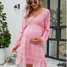 This Midi Maternity Dress, Super Soft, Stretchy, Comfortable, Skin-Friendly, Breathable, High-Quality. The Womens Dresses Provide Plenty Of Room For Your Growing Pregnant Belly. Suitable For All Stages Of Pregnancy, And Non-stretch Pink Midi Dress For Vacation, Pink Non-stretch Midi Dress For Vacation, Feminine Pink V-neck Maternity Dress, Spring Maternity Beach Dress With Long Sleeves, Spring Beach Maternity Dress With Long Sleeves, Casual Pink Non-stretch Midi Dress, Casual Non-stretch Pink Midi Dress, Pink Long Sleeve Mini Dress With Ruffle Hem, Fitted Long Sleeve Maternity Dress For Summer