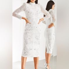 Size Us 8 Spring Event Dresses With Long Sleeves, Spring Event Long Sleeve Dress, Elegant Long Sleeve Event Dress, White Midi Dress For Banquet, White Midi Length Dress For Banquet, Elegant Embellished Dresses For Events, Spring Embellished Dress For Events, Spring Embellished Event Dress, Spring Event Embellished Dresses