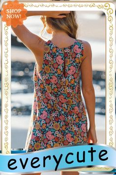 Multicolor Vintage Floral Print Keyhole Back Sleeveless Mini Dress Multicolor Printed Sleeveless Sundress, Colorful Pattern Sleeveless Sundress For Beach, Sleeveless Sundress With Colorful Pattern For Beach, Sleeveless Beach Sundress With Colorful Pattern, Multicolor Sleeveless Dress For Beach Season, Summer Tank Dress For Beach, Summer Beach Tank Dress, Multicolor Floral Print Sleeveless Mini Dress, Colorful Pattern Sleeveless Sundress For Spring