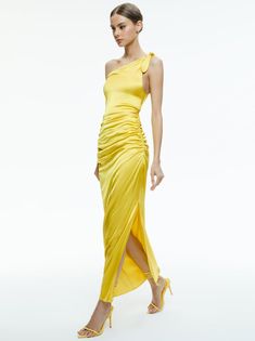 Marilla Off The Shoulder Ruched Maxi Dress In Happy Yellow | Alice + Olivia Ruched Maxi Dress For Summer Evenings, One-shoulder Ruched Maxi Dress For Gala, One Shoulder Ruched Maxi Dress For Gala, Fitted One Shoulder Dress With Ruched Bodice For Spring, Elegant Ruched Yellow Maxi Dress, Elegant Yellow Ruched Maxi Dress, Yellow Ruched Maxi Dress For Party, Spring Gala Maxi Dress With Ruched Back, Spring Evening Long One Shoulder Dress