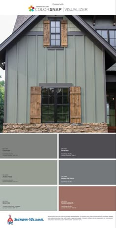 the color scheme for this house is gray and has wood shutters on each side