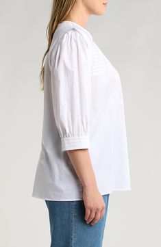 This simple style of this top cut from smooth, refined cotton with pleated sleeves gives it the versatility to easily cross from casual to styled-up looks with ease. 24" length Back keyhole with button-and-loop closure Jewel neck Three-quarter sleeves 100% cotton Machine wash, dry flat Made in Turkey Classic Spring Blouse For Casual Gatherings, Classic Cotton Tops With Pleated Sleeves, Classic Blouse For Spring Casual Gatherings, Classic Blouse For Casual Spring Gatherings, White Relaxed Fit Top With Gathered Sleeves, Fall Daywear Tops With Pleated Sleeves, Casual Cotton Top With Pleated Sleeves, Fall Cotton Tops With Pleated Sleeves, Classic Cotton Tops With Gathered Sleeves