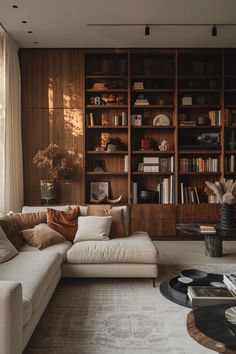 a living room filled with furniture and bookshelves next to a large glass window