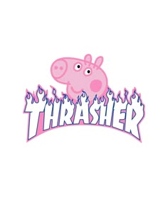 a pink pig that is on top of the word thrash