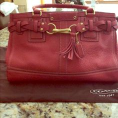 Red Leather Authentic Coach Handbag. Like New Except For Water Mark On Inside Of One Handle And Little Eat And Tear On Bottom Corner (See Phots). Red Satchel With Handle Drop For Office, Designer Coach Shoulder Bag In Burgundy, Designer Coach Burgundy Shoulder Bag, Red Coach Satchel, Designer Burgundy Coach Shoulder Bag, Red Coach Satchel With Top Carry Handle, Red Coach Shoulder Bag For Office, Designer Coach Bag In Burgundy, Red Leather-handled Satchel For Formal Occasions