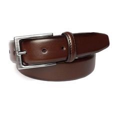 The Carmine is a 33mm leather dress belt. It has smooth look with darkened edges and a feather edge. Features a brushed silver buckle and single leather keeper. This belt can be worn for a formal or fashion look.Base Material: 100% LeatherFabric Description: LeatherBelt Width: 1 1/3 InCare: Wipe CleanCountry of Origin: Imported Classic Business Belt In Bridle Leather, Classic Bridle Leather Business Belt, Classic Bridle Leather Belt For Business, Leather Belts With Silver Buckle For Business, Modern Bridle Leather Belt For Business, Classic Brown Belt Buckles For Formal Occasions, Formal Bridle Leather Belt With Smooth Grain, Modern Leather Belt With Silver Buckle, Leather Belt Buckle With Silver Detail For Business