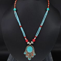 Beautiful Handmade Ethnic Statement Necklace. Tibetan Silver With Turquoise And Indian Coral. Handmade With Traditional Design With Hamsa Fatima. Will Be Energetically Charged By A Reiki Master Traditional Handmade Turquoise Beaded Necklaces, Traditional Turquoise Necklace With Natural Stones For Festivals, Traditional Blue Turquoise Necklace For Festivals, Multicolor Adjustable Traditional Turquoise Necklace, Handmade Turquoise Beaded Necklace For Festivals, Traditional Turquoise Necklace With Round Beads For Festival, Bohemian Turquoise Beaded Necklaces For Festivals, Turquoise Bohemian Beaded Necklaces For Festivals, Handmade Turquoise Traditional Necklace