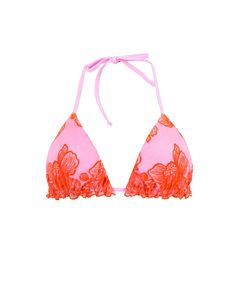 Elevate your beach style with the Capri Triangle Bikini Top, showcasing a striking two-tone mesh lace overlay in vibrant pink and orange—perfect for summer. This luxurious piece by PQ Swim, known for its elegance, features an adjustable classic silhouette with ties at the neck and back. Ideal for those who appreciate the sophistication of lace in swimwear, it can be mixed and matched or paired with our Capri lace bottoms for a complete, eye-catching look. Mesh Beachwear Swimwear For Spring, Mesh Swimwear For Vacation, Summer Mesh Swimwear For Beach, Summer Mesh Swimwear For Vacation, Coral Beachwear Swimwear For Pool, Mesh Beachwear Swimwear For Vacation, Mesh Beachwear For Vacation, Coral Swimwear For Poolside, Summer Mesh Swimwear For Beach Party