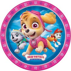 a pink paper plate with paw patrol characters on it