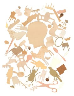 an assortment of paper cut out of animals and people in the shape of a human head