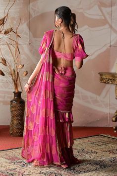 Pink shaded banarasi georgette pre-draped sharara saree with circular motifs embroidery. Comes with a crepe blouse with cutdana hand work. - Aza Fashions Fitted Bollywood Style Pre-draped Saree For Festive Occasions, Fitted Pre-draped Saree With Cutdana For Festivals, Fitted Pre-draped Georgette Saree For Festivals, Draped Pallu Set For Diwali, Fitted Pre-draped Saree With Sheer Dupatta For Navratri, Fitted Art Silk Pre-draped Saree For Eid, Fitted Silk Pre-draped Saree For Navratri, Bollywood Style Fitted Silk Pre-draped Saree, Fitted Silk Pre-draped Bollywood Saree