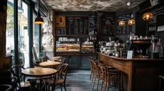 the interior of a restaurant with tables, chairs and chalkboard menus on the wall