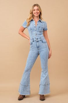 Casual Light Wash Denim Jumpsuit With Button Closure, Flared Skirts, Vibe Tribe, Flare Jumpsuit, Hippie Vibes, Skirts And Dresses, Bell Bottom, Denim Jumpsuit, Light Wash Denim