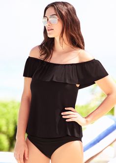 Trendy off-the-shoulder ruffle tankini by Magicsuit will take you from beach to brunch effortlessly. Adjustable shirred ruffle neckline allows for wear versatility on and off the shoulder. Mix & match with your favorite black bikini bottom. Free shipping and free returns on all swim. Flowy Design, Soma Intimates, Beach Ideas, Swim Tankini, Tankini Swim Tops, Swim Suits, Ladies Dress Design, Sleepwear Pajamas, Tankini Top