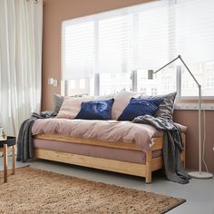 a living room with a couch, rug and window