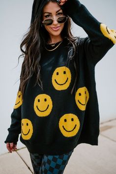 LALA ORIGINAL DESIGN: Have Fun Oversized Smiley Knit – Dressed In LALA Playful Oversized Knit Sweater, Oversized Playful Knit Sweater, Fun Oversized Winter Sweater, Playful Oversized Crew Neck Sweater, Oversized Playful Crew Neck Sweater, Cute Yellow Sweater For Fall, Cute Yellow Fall Sweater, Oversized Playful Top For Fall, Playful Oversized Sweater For Fall