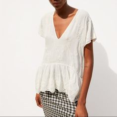 New With Tags Color: Off-White Size: Large P480 Embroidered V-neck Top For Day Out, Elegant V-neck Blouse With Broderie Anglaise, Spring V-neck Tops With Broderie Anglaise, Embroidered V-neck Top For Daywear, Chic White V-neck Embroidered Top, Summer V-neck Top With Broderie Anglaise, Elegant White Embroidered Short Sleeve Top, Feminine Embroidered Summer Top For Daywear, Casual Broderie Anglaise Lace Top For Summer