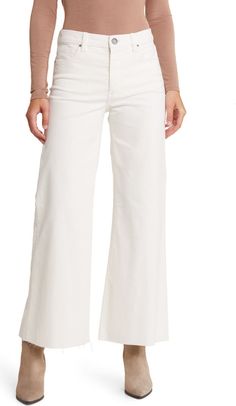 KUT from the Kloth Meg Fab Ab High Waist Wide Leg Jeans | Nordstrom Chic High Rise Relaxed Fit Flare Jeans, Chic Relaxed Fit High Rise Flare Jeans, Relaxed Fit Wide-leg Flare Jeans For Fall, Trendy Wide Leg Flare Jeans With Frayed Hem, Chic Flare Jeans With Frayed Hem For Work, White High-rise Wide Leg Denim Pants, White High Rise Denim Wide Leg Pants, Wide Leg Jeans With Frayed Hem For Work, White Mid-rise Wide Leg Denim Pants