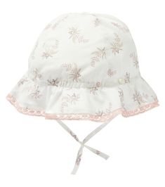 Pre-tied Cotton Hat For Beach, White Floral Print Beach Hat, Cotton Curved Brim Bonnet For Beach, Curved Brim Cotton Bonnet For The Beach, Curved Brim Cotton Bonnet For Beach, Adjustable Cotton Summer Bonnet, Adjustable Cotton Bonnet For The Beach, Adjustable Pink Hat With Ruffles, Pink Ruffled Hat For Spring