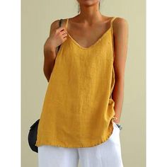 Fabric:Linen; Sleeve Length:Sleeveless; Look After Me:Machine wash; Gender:Women's; Style:Casual,Basic; Tops Type:Camisole,Tank Top; Occasion:Going out,Casual,Holiday; Pattern:Plain; Neckline:V Neck; Bust:null; Length:null; Shoulder Width:null; Sleeve:null; Waist:null; Fit US Size:null; Fit UK Size:null; Fit EU Size:null Summer Cotton V-neck Camisole, V-neck Solid Color Tank Top For Summer, Sleeveless Top For Spring, Sleeveless Cotton Vest For Summer, Solid Color V-neck Tank Top For Summer, Spring Solid Color Sleeveless Blouse, Yellow V-neck Vest For Summer, Solid Sleeveless Vest Tank Top, Sleeveless Tank Top For Summer