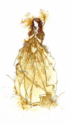 a drawing of a woman in a yellow dress