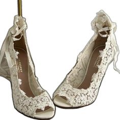 Elegant Lace Open Toe Wedding Shoes, Luxury Lace Wedding Heels, Elegant Low Heel Lace-up Heels, Elegant Summer Wedding Reception Shoes, Elegant Lace Wedding Shoes With Laces, Elegant Wedding Shoes With Laces, Formal Lace Open Toe Wedding Shoes, Elegant Lace Wedding Shoes For Ceremony, Formal Lace Open Toe Heels