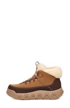 This incredibly comfy boot serves up timeless chilly-season style with it's soft fleece lining and waterproof membrane. It's lined with UGGplush, a moisture-wicking textile made from a wool-rich blend but crafted to feel and wear like genuine shearling, while the sole is partially sourced from renewable sugarcane. 2 1/2" heel; 1 1/2" platform (size 8.5) 4 1/2" shaft Waterproof: protects against rain, puddles and slush to keep feet dry in wet conditions Lace-up style Cushioned footbed Gusseted to Outdoor Waterproof Boots With Shearling And Round Toe, Casual Outdoor Shearling Boots, Winter Outdoor Waterproof Shearling Boots, Winter Shearling Waterproof Boots For Outdoor, Winter Waterproof Shearling Boots For Outdoor, Shearling Waterproof Boots For Winter Outdoors, Shearling Boots For Outdoor In Fall, Brown Shearling Boots For Outdoor, Sporty Brown Hiking Boots For Winter