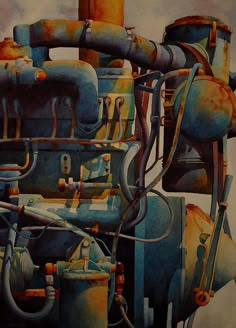 an oil painting of pipes and valves on a piece of paper that has been altered to look like art