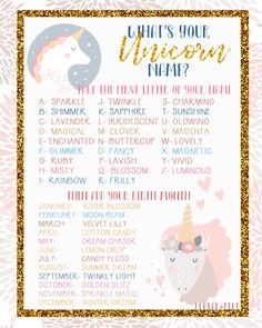 a unicorn themed baby shower game with gold glitter and pink flowers on the bottom, which includes