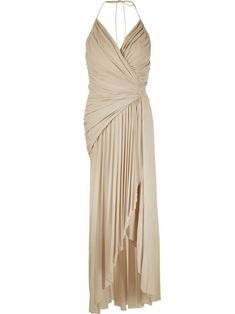 sand draped design gathered detailing asymmetric design halterneck tie fastening plunging V-neck concealed rear zip fastening long length Side Drape Dress, Drape Gown, Asymetrical Dress, Ooga Booga, Dystopian Fashion, April Wedding, Asymmetric Dress, Alexandre Vauthier, Beige Dresses