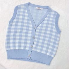 Adorable Baby Blue Checkered Sleeveless Cardigan Sparkly Button Details Purchased In Mexico So Tag Says “G” - Fits Anyone From Xs-M So Kawaii And Adorable Pastel Colors Blue Kawaii Clothes, Pastel Blue Fashion, Blue Buttoned Vest For Fall, Blue Button-up Vest With Buttons, Trendy Blue Vest With Button Closure, Blue Button-up Vest With Button Closure, Blue Vest With Button Closure For Spring, Cute Cotton Sweater Vest For Spring, Blue Cotton Cardigan With Buttons