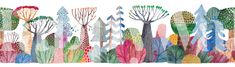 an illustration of trees with different colors and shapes in the middle, on a white background