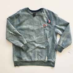 Cool Denim Style Distressed Sweatshirt. Perfect To Match Any Bottom Option. Runs On The Bigger Side Great For Layering. Class Shirts, Cool Denim, Class Shirt, Distressed Sweatshirt, Kids Art Class, Top Art, Denim Style, Blue Sweatshirt, Art Class