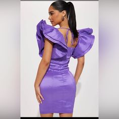 Purple Mini Dress New With Tags Fashion Nova Dressy Satin Dress With Ruffles, Purple Ruffled Prom Dresses, Ruffled Mini Bodycon Dress For Brunch, Party Mini Dress With Ruffle Hem And Ruffled Straps, Summer Satin Dresses With Ruffled Straps, Satin Dress With Ruffled Straps For Summer, Satin Summer Dress With Ruffled Straps, Summer Satin Dress With Ruffled Straps, V-neck Satin Dress With Ruffles