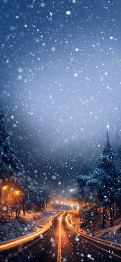 a snowy night with street lights and trees