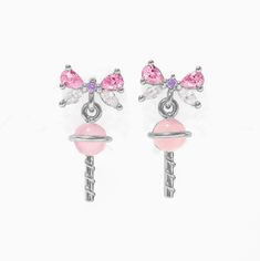 Step into a world of sweet nostalgia with our Candyshop Dangle Earrings, a tasty homage to old-fashioned candy shops! You'll love this sugary lollipop and pink bow design that feature sparkling CZ's! Sweet Drop Earrings For Party, Sweet Style Drop Earrings For Party, Sweet Pink Earrings As Gift, Whimsical Pink Earrings For Birthday, Sweet Pink Party Earrings, Pink Sterling Silver Earrings For Birthday, Sweet Pink Drop Earrings, Cute Pink Bow Earrings For Party, Cute Earrings With Pink Bow For Gift