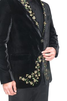 Luxurious Black velvet hand embroidered with a detailing craftsmanship , blazer based fabric  is velvet  , Same velvet  used as base for embroidery designed with notch lapel , two side vents and two front button for closure , but you can customised this pc with your choice in other pattern  , like you can get top Notch lapel , or single button closure or double breasted or anything which you like to change . You can get in multiple colours for the same, Perfect for any occasion be it Wedding, Pa Elegant Fall Bandhgala With Zari Work, Luxury Formal Outerwear With Floral Embroidery, Winter Formal Blazer With Floral Embroidery, Luxury Floral Embroidery Formal Outerwear, Formal Winter Embroidered Bandhgala, Luxury Floral Embroidered Formal Outerwear, Designer Winter Ceremonial Blazer, Elegant Long Sleeve Blazer With Gold Embroidery, Luxury Fitted Outerwear With Gold Embroidery