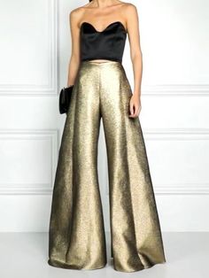 Elegantly Loose High-Waisted Solid Trousers Gold Pants For Summer Party, Festive Wide Leg Pants For Fall, Gold Pants For Night Out In Summer, Festive Fall Wide Leg Pants, Gold Pants For Fall Party, Gold Bottoms For Night Out In Summer, Gold Bottoms For Summer Night Out, Gold Bottoms For Night Out, Gold Bottoms For Spring Party