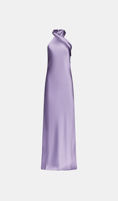 The floor-sweeping Pandora dress is cut on the bias for an ultra-flattering silhouette. It has a modern halterneck and luxuriously long sash that cascades down the back. Sizes small, take one size up if unsure. Designer Purple Dress, Silk Violet Dress, Purple Dress Royal, Purple Dress Satin, Dusty Lavender Bridesmaid Dresses, Purple Dress Wedding, Purple Wedding Guest Dress, Lilac Silk Dress, Shayla Wedding