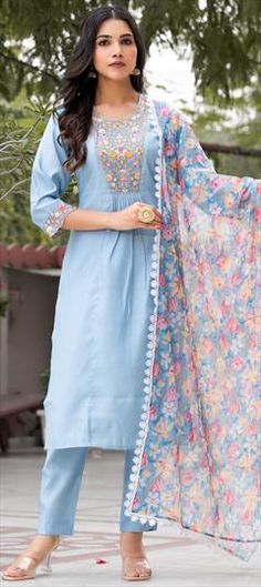 Blue color Salwar Kameez in Blended fabric with Embroidered, Thread work Blue Salwar Kameez With Embroidered Border For Navratri, Blue Embroidered Anarkali Set For Navratri, Blue Anarkali Set With Embroidered Border For Navratri, Designer Blue Dresses With Embroidered Border, Spring Designer Wear Blue Sets, Designer Spring Blue Set, Unstitched Blue Kurta With Embroidered Border, Blue Embroidered Salwar Kameez Straight Kurta, Blue Kurta With Embroidered Border