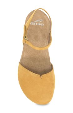 This chic flat with a closed toe puts the emphasis on breezy comfort with a memory foam insole that sits on top of a cork footbed for a lightweight feel. 1 1/4" heel; 1/2" platform (size 39) Adjustable hook-and-loop strap Memory foam cushioning Leather upper and lining/rubber sole Imported Fall Shoes With Dress 2024, Dansko Shoes Outfits, Suede Flats With Cushioned Footbed, Suede Closed Toe Flats With Cushioned Footbed, Suede Closed Toe Sandals With Branded Insole, Suede Closed Toe Flats With Leather Footbed, Closed Toe Sandals Summer, Comfortable Office Shoes, Mustard Shoes