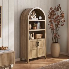 a room with a wooden bookcase and potted plants on the shelf next to it