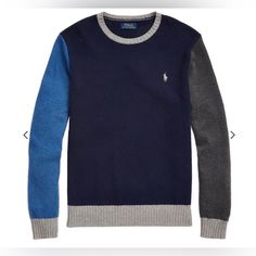 Polo Ralph Lauren - Color Block Crew Wool/Cashmere Knit - Size M Blue Cashmere Sweater For Fall, Blue Fine Knit Sweater For Layering, Casual Blue Merino Wool Sweater, Luxury Navy Cotton Polo Sweater, Blue Long Sleeve Ralph Lauren Sweater, Blue Crew Neck Cashmere Sweater, Polo Ralph Lauren Flag Sweater, Crew Neck Blue Cashmere Sweater, Blue Merino Wool Fine Knit Sweater