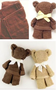 four different pictures of teddy bears made out of brown and white towels with bows on them