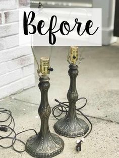 two metal lamps sitting on top of a sidewalk with the words before written over them