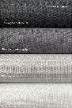 four different colors of linens with the names of them in white, grey and black