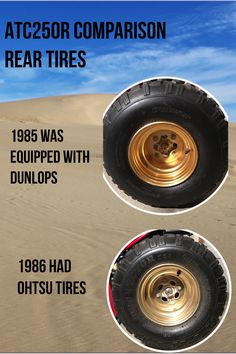 two tires with gold rims are shown in three different sizes and colors, one is black