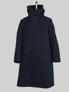 a coat with hood and buttons on the collar, in dark blue color is shown